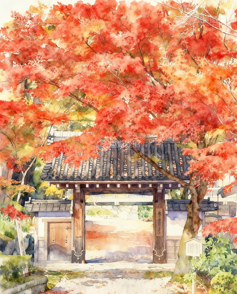 高清大图下载【趣麦麦图】水彩秋日庭院美景