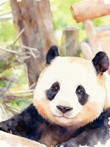 水彩熊猫自然栖息地画作