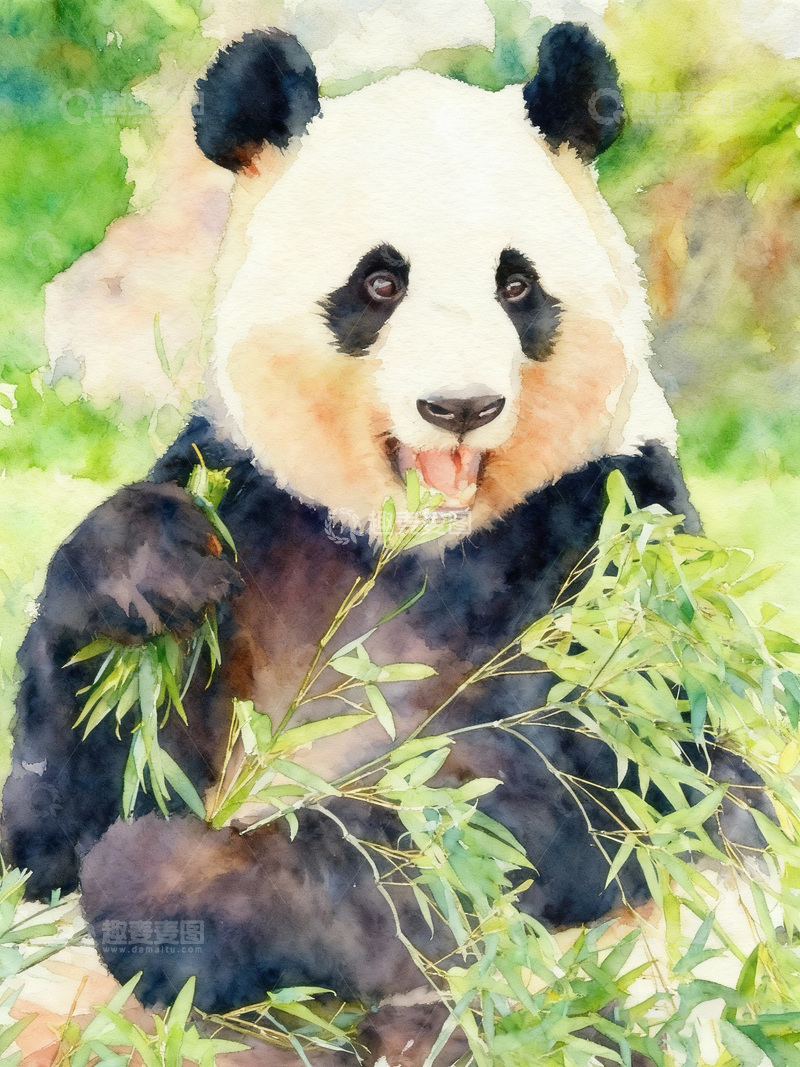 高清大图下载【趣麦麦图】水彩画熊猫吃竹子