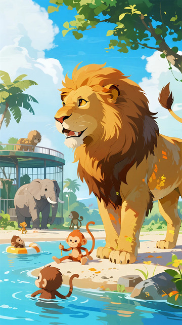 卡通动物园狮子大象猴子玩耍