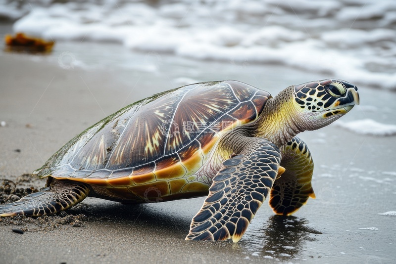 高清大图下载【趣麦麦图】大海边爬行的一只乌龟
