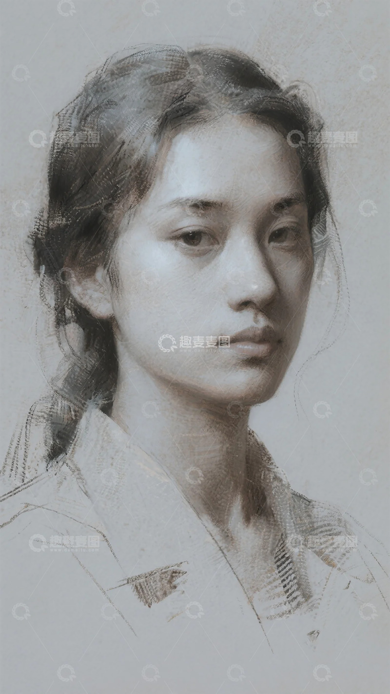 高清大图下载【趣麦麦图】素描风格女性肖像绘画素材