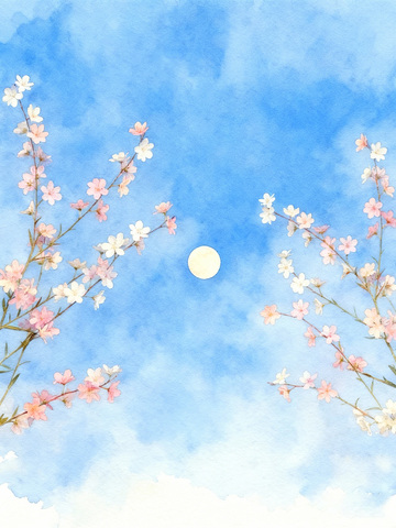 水彩樱花月夜美景插画