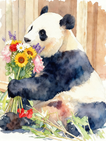 水彩熊猫捧花图