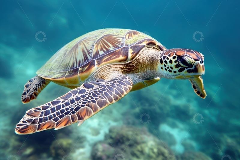 高清大图下载【趣麦麦图】大海里游水的一只海龟