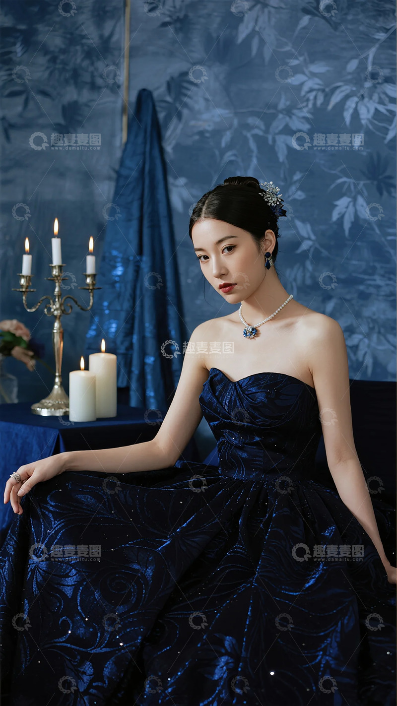 高清大图下载【趣麦麦图】优雅晚宴蓝色礼服美人写真