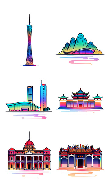 彩绘城市建筑风光插画设计素材