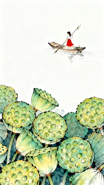 简约水彩风少女荷塘划船插画素材