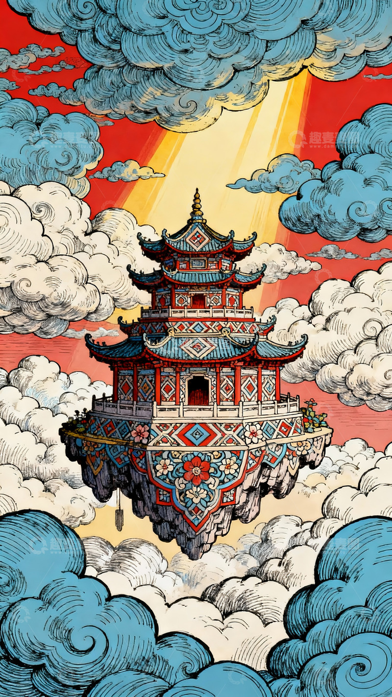 高清大图下载【趣麦麦图】中国风云端楼阁场景插画素材