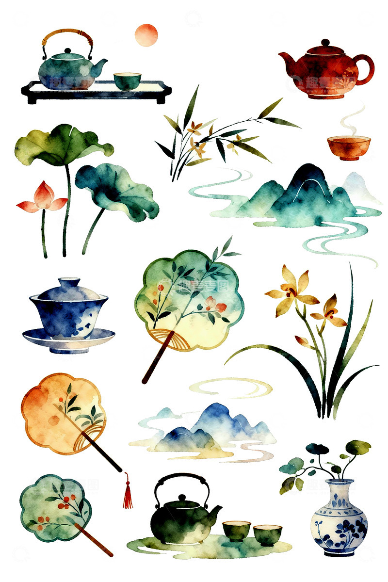 高清大图下载【趣麦麦图】水彩风东方禅意茶具插画素材