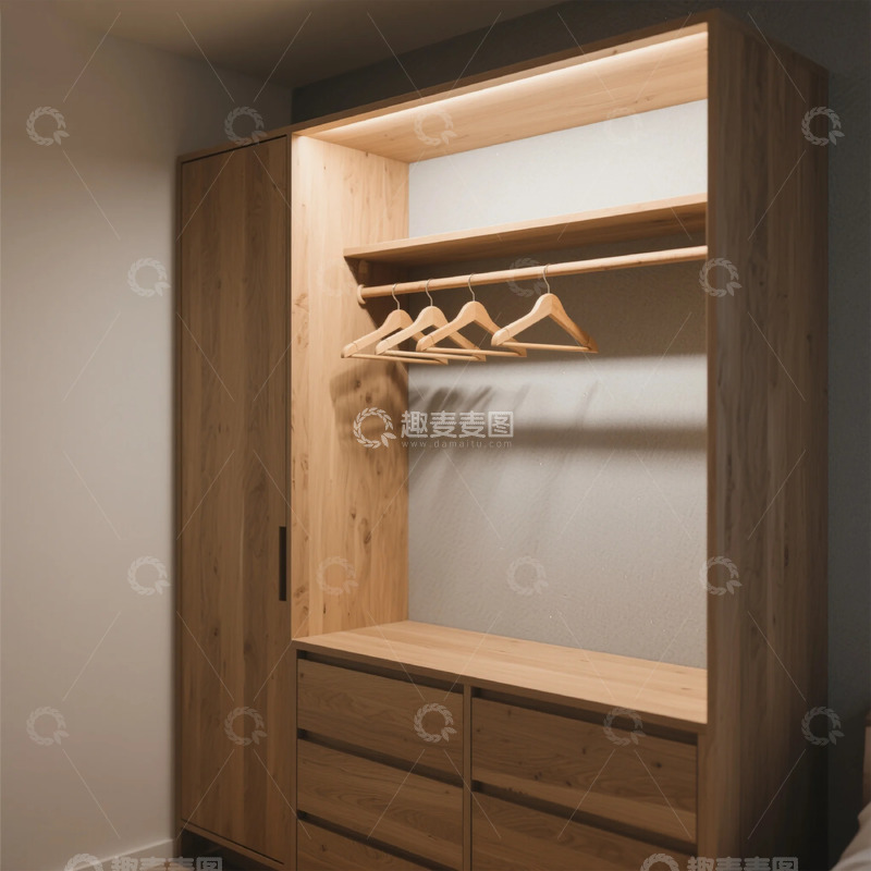 高清大图下载【趣麦麦图】原木色衣帽间衣柜设计图