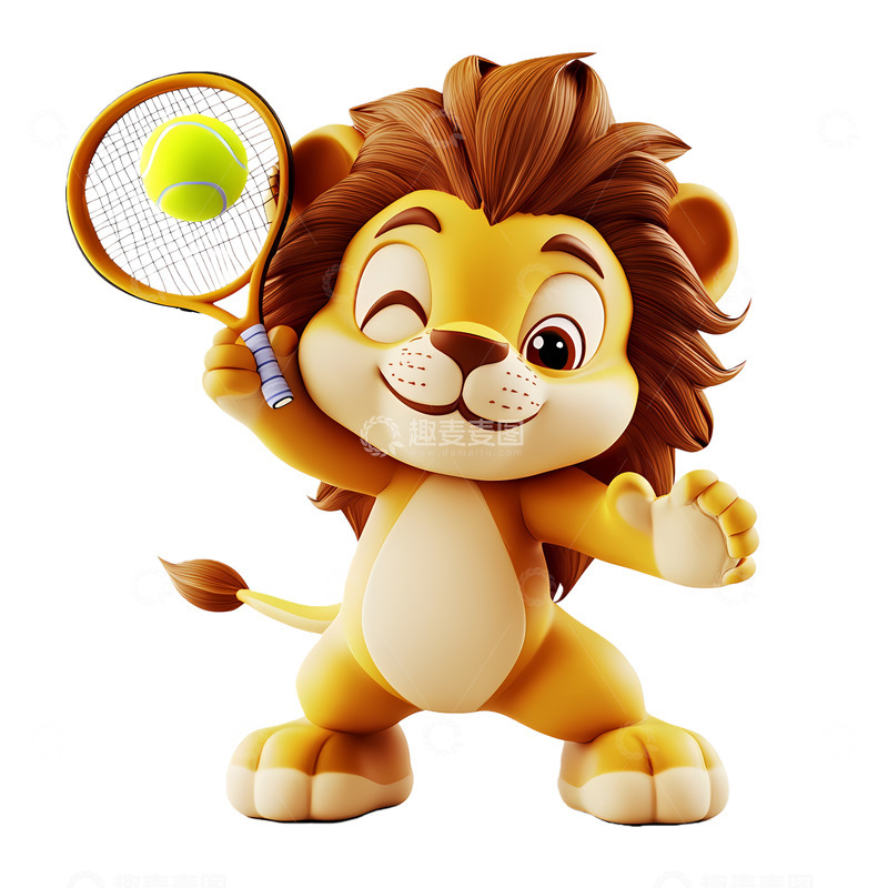 高清大图下载【趣麦麦图】卡通狮子网球运动矢量插画