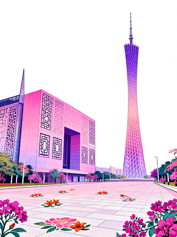 彩绘广州塔城市风光插画