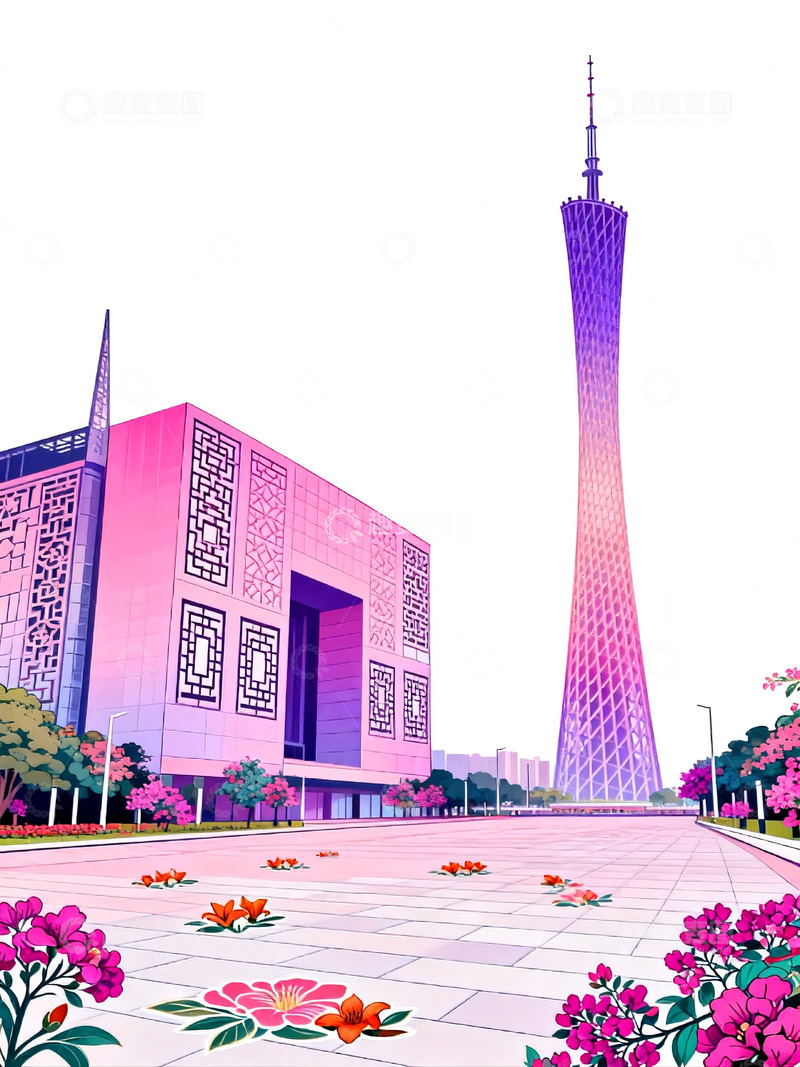 高清大图下载【趣麦麦图】彩绘广州塔城市风光插画