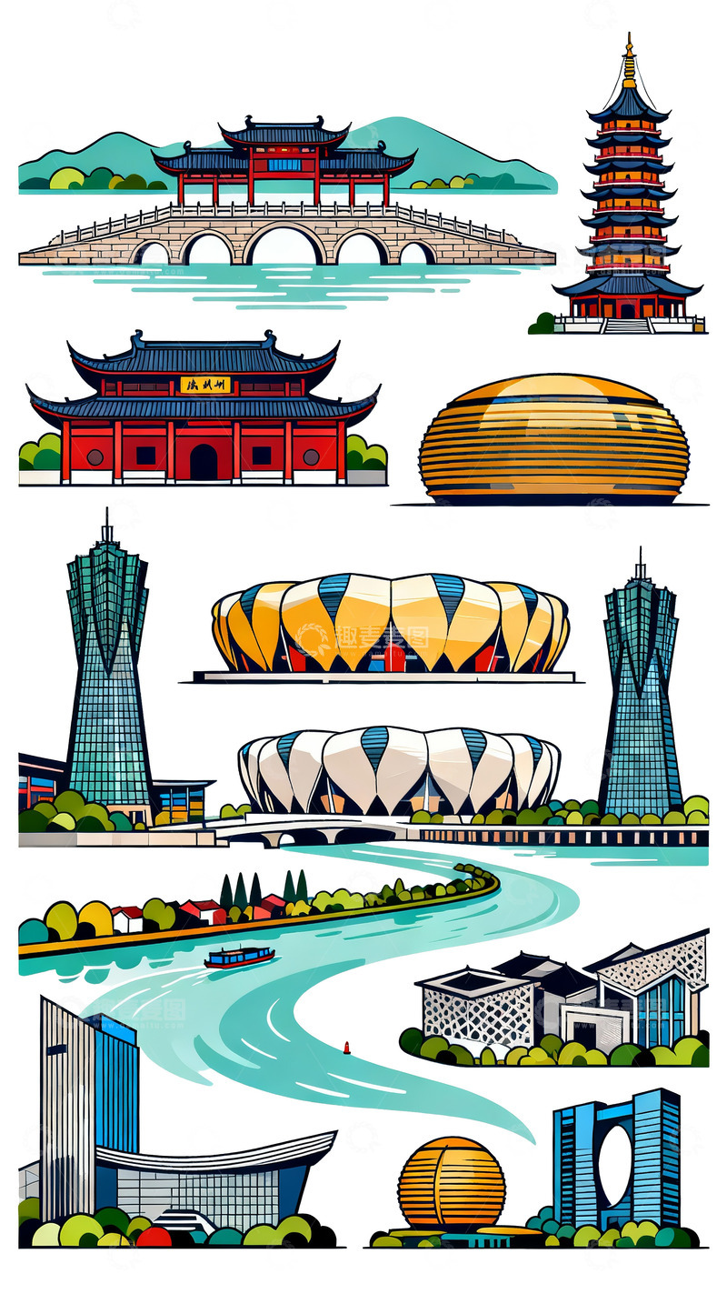高清大图下载【趣麦麦图】-中国城市地标插画集锦