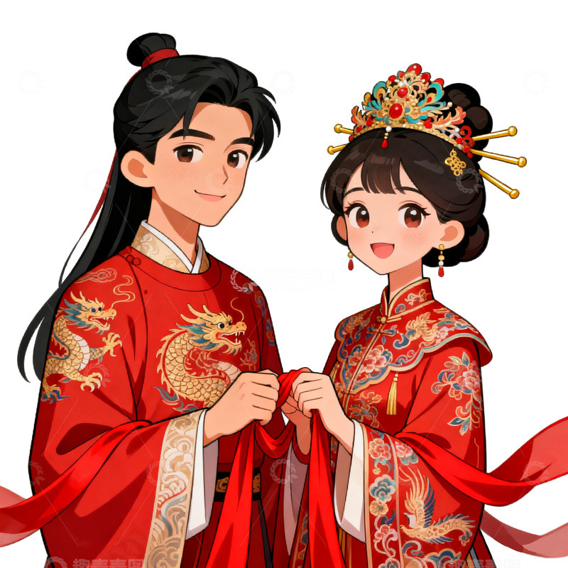 高清大图下载【趣麦麦图】古装婚礼卡通情侣插画