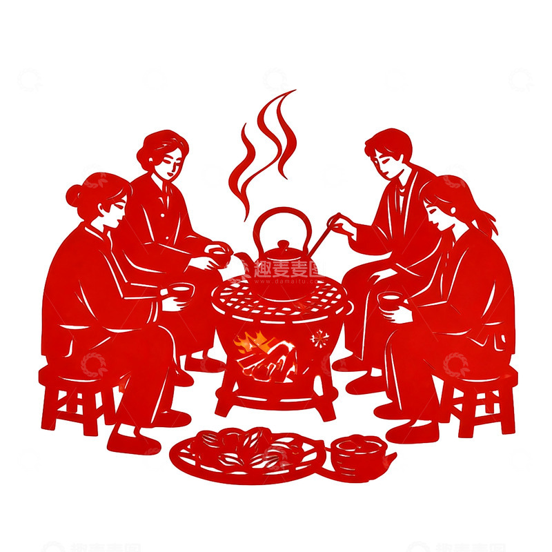 高清大图下载【趣麦麦图】剪纸风格围炉聚餐图案设计素材