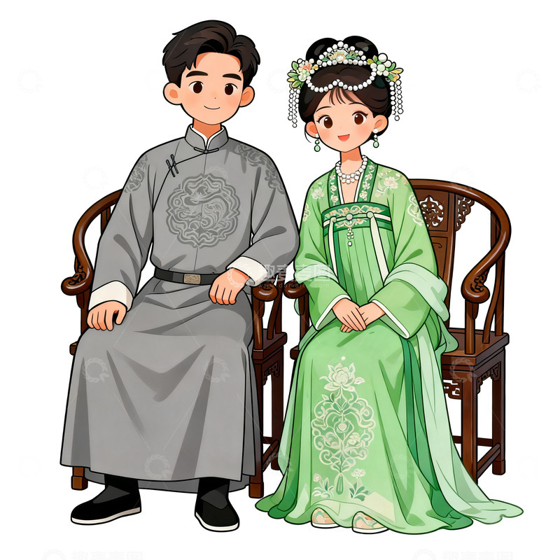 高清大图下载【趣麦麦图】卡通传统服饰情侣插画