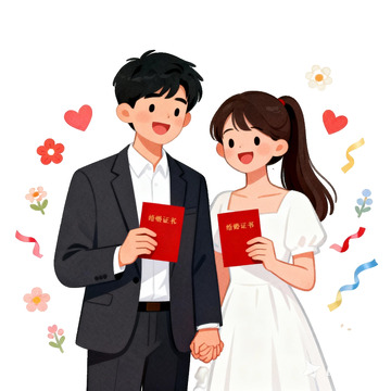 浪漫婚礼卡通插画结婚证书设计素材
