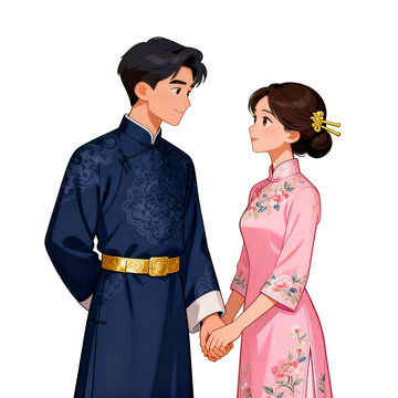 动漫风格传统服饰情侣插画