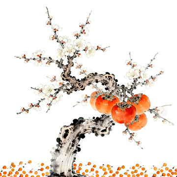 水墨画柿子梅花装饰画