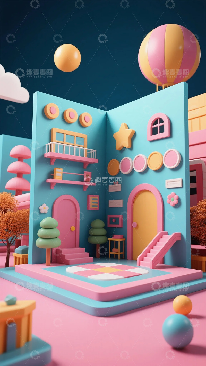 高清大图下载【趣麦麦图】卡通梦幻建筑群创意插画