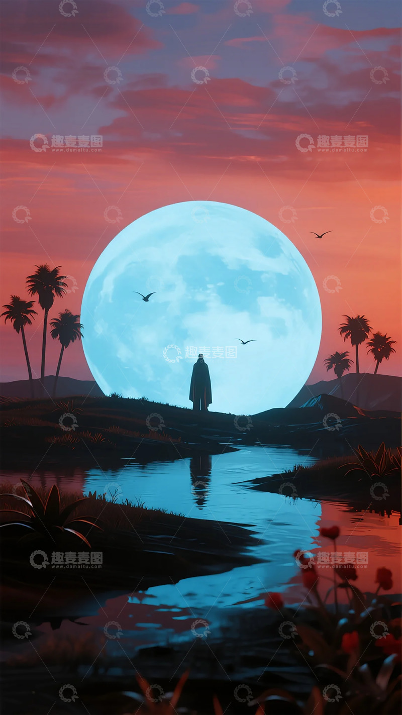 高清大图下载【趣麦麦图】梦幻月光下的孤独身影