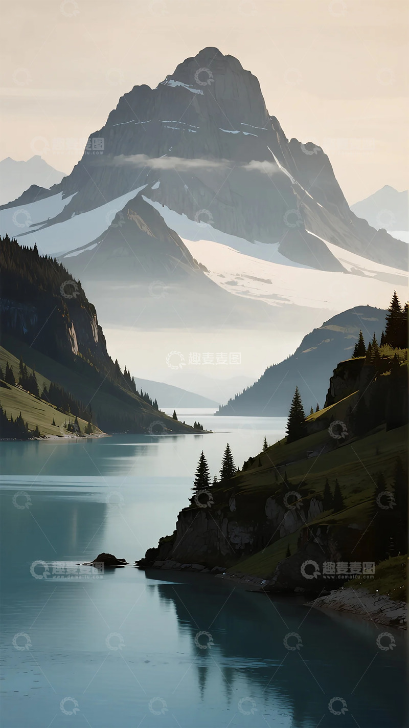 高清大图下载【趣麦麦图】山水画卷静谧湖光