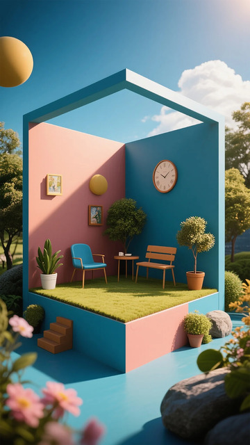 彩绘庭院景观创意插画设计素材