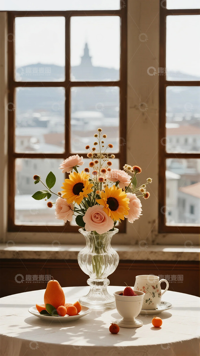 高清大图下载【趣麦麦图】温馨窗边花束水果茶具静物