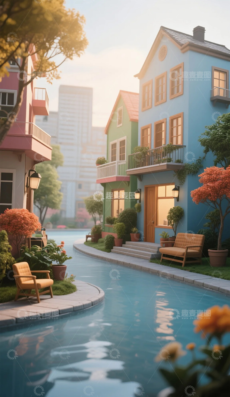 高清大图下载【趣麦麦图】卡通风住宅区水景插画