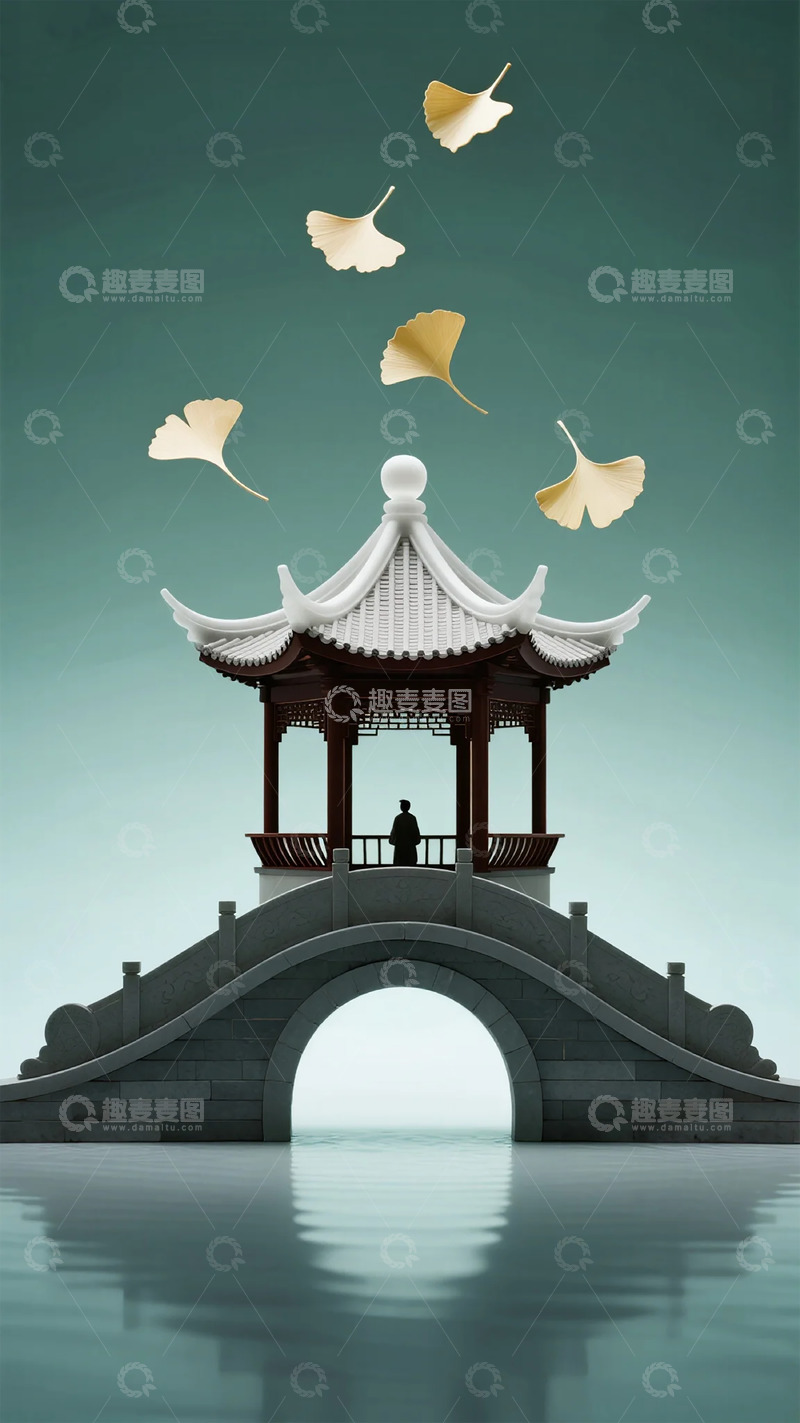 高清大图下载【趣麦麦图】古风亭桥银杏叶水墨画