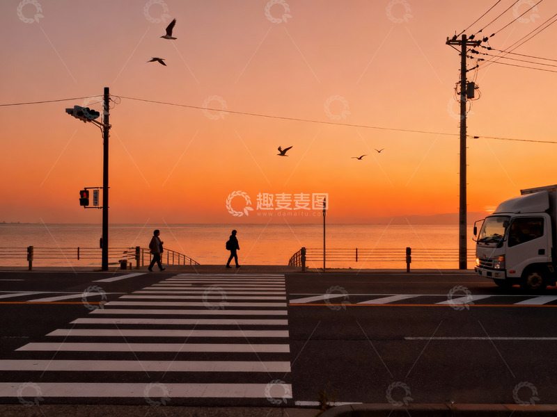 高清大图下载【趣麦麦图】黄昏时分的海边街道4