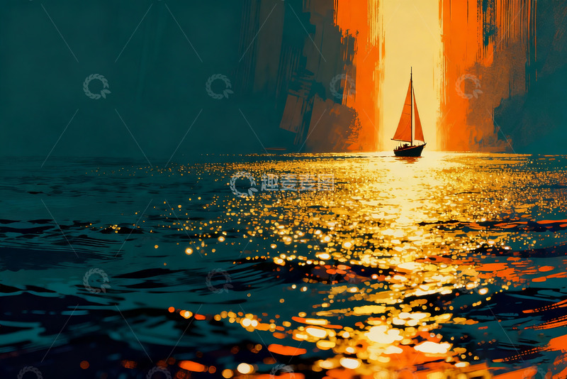 高清大图下载【趣麦麦图】帆船驶向光线尽头波普插画