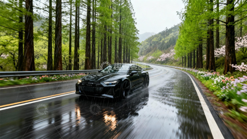 高清大图下载【趣麦麦图】雨后山路轿车行驶美景