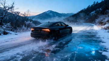 冰雪山路跑车驰骋摄影图片