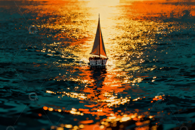 高清大图下载【趣麦麦图】帆船驶向光线尽头波普插画1