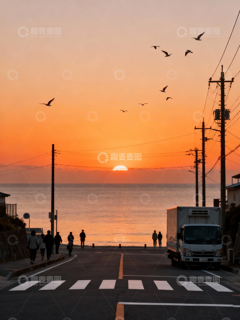 高清大图下载【趣麦麦图】黄昏时分的海边街道
