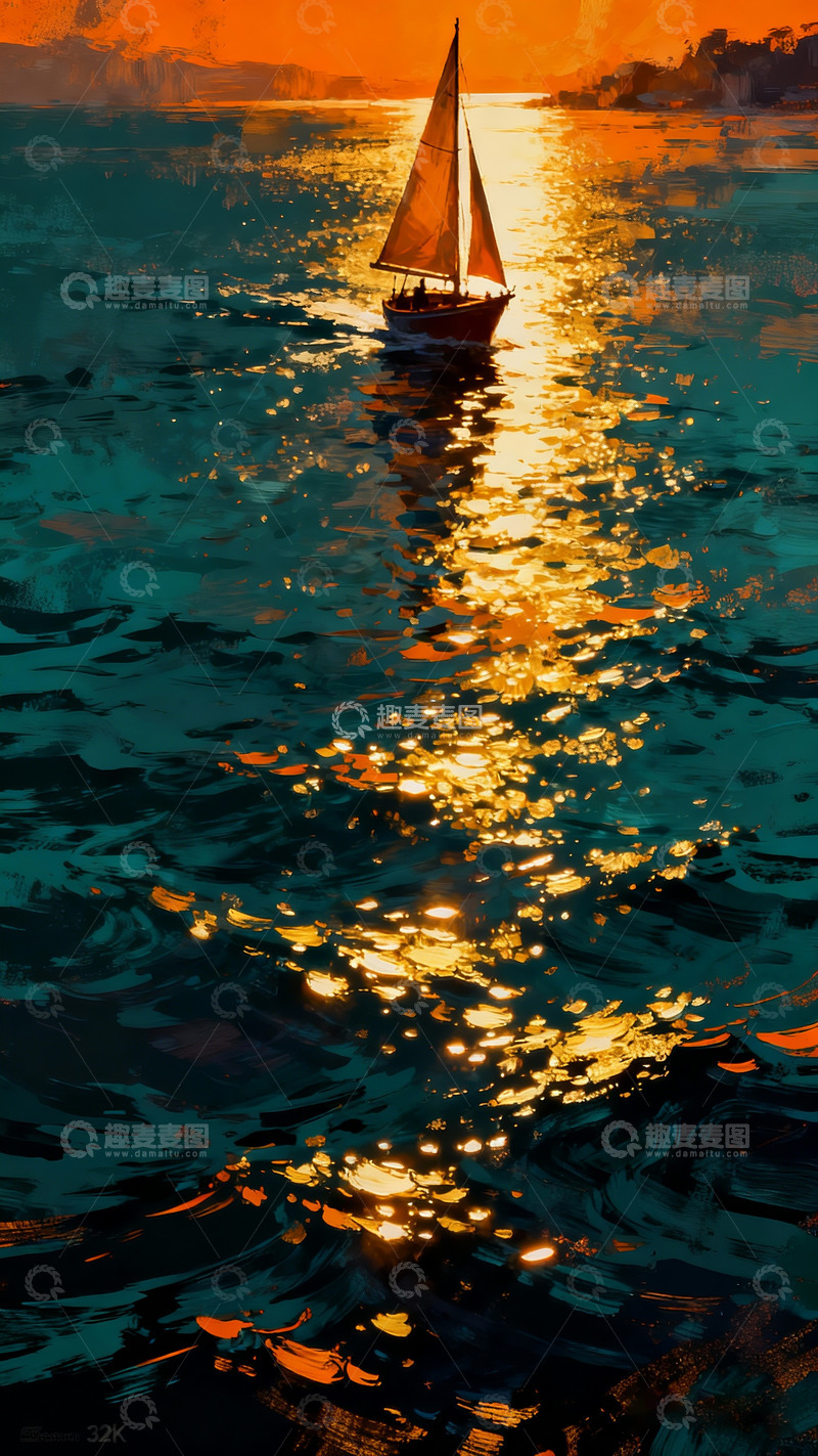 高清大图下载【趣麦麦图】帆船驶向光线尽头波普插画3