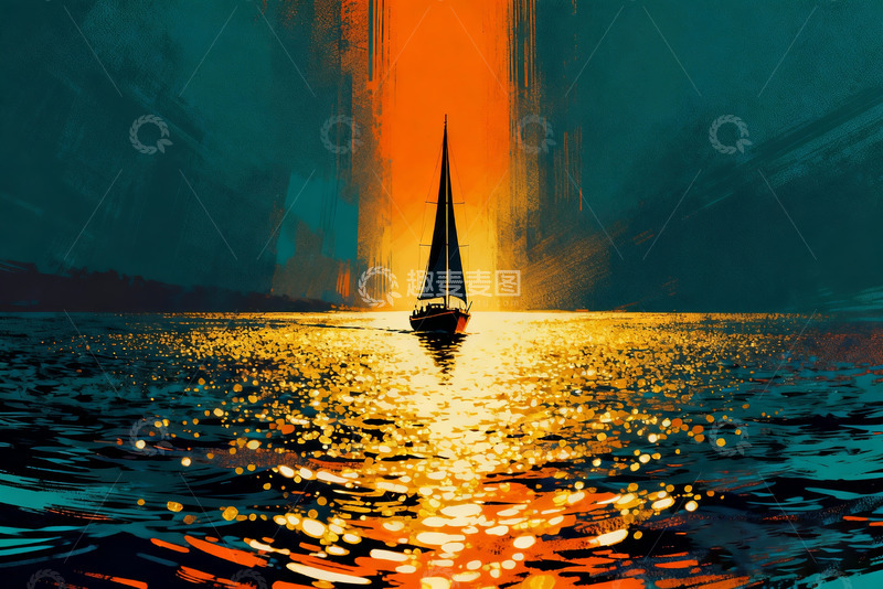 高清大图下载【趣麦麦图】帆船驶向光线尽头波普插画2
