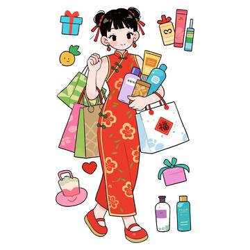卡通风格春节购物插画素材