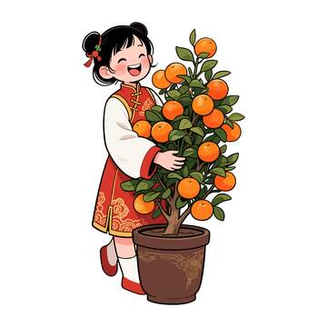 卡通女孩抱橘子树新年喜庆插画