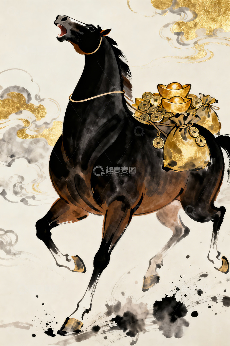 高清大图下载【趣麦麦图】驮着满袋金元宝的骏马1