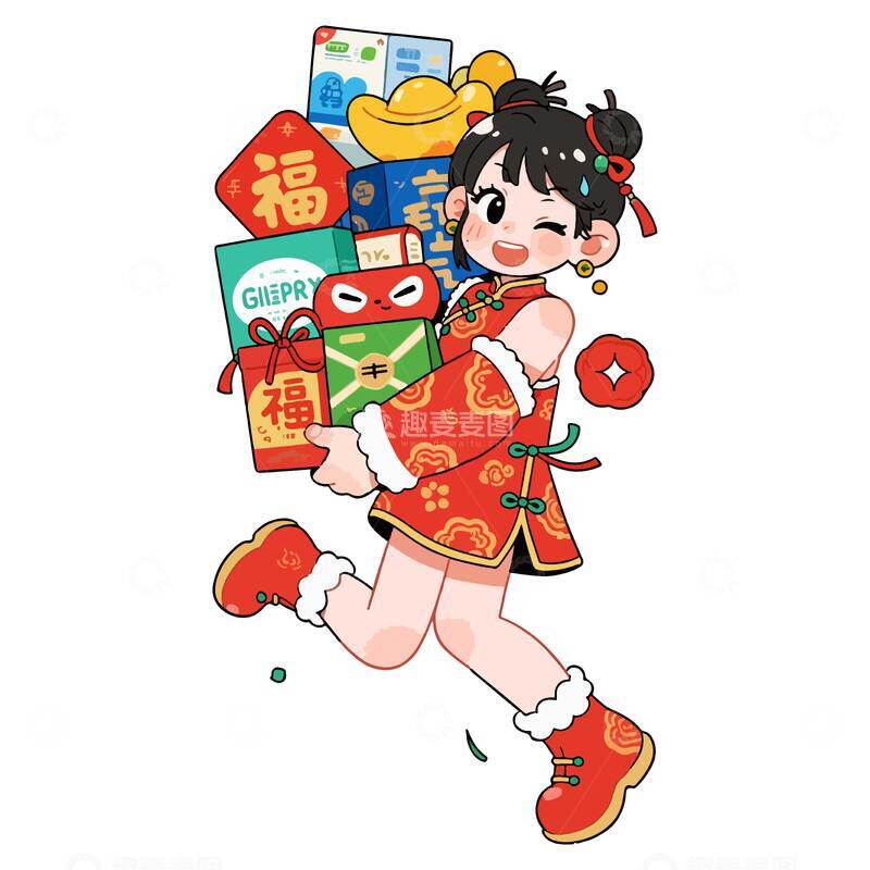 源文件下载【趣麦麦图】春节卡通女孩送福插画设计元素