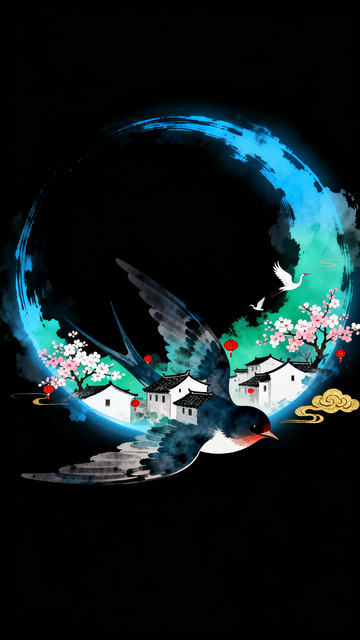 水墨古风仙鹤山水意境画