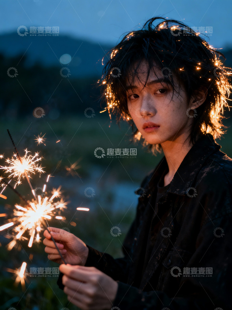 高清大图下载【趣麦麦图】帅酷女孩仙女棒烟火4