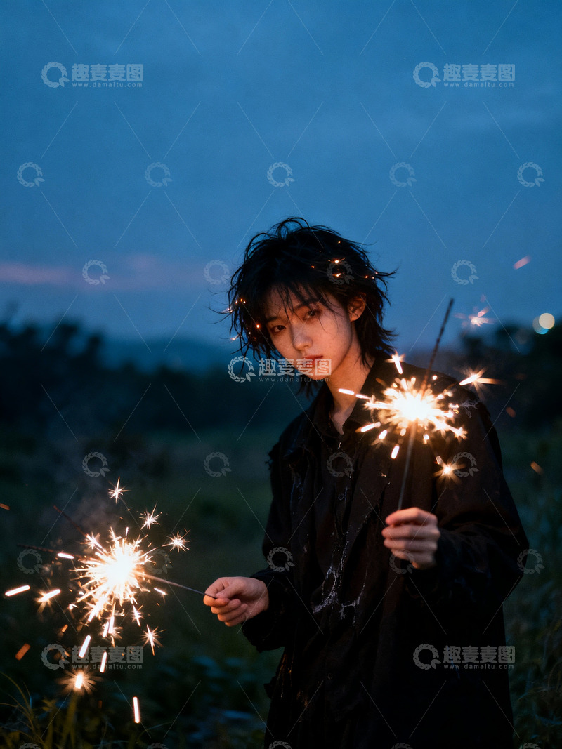 高清大图下载【趣麦麦图】帅酷女孩仙女棒烟火5