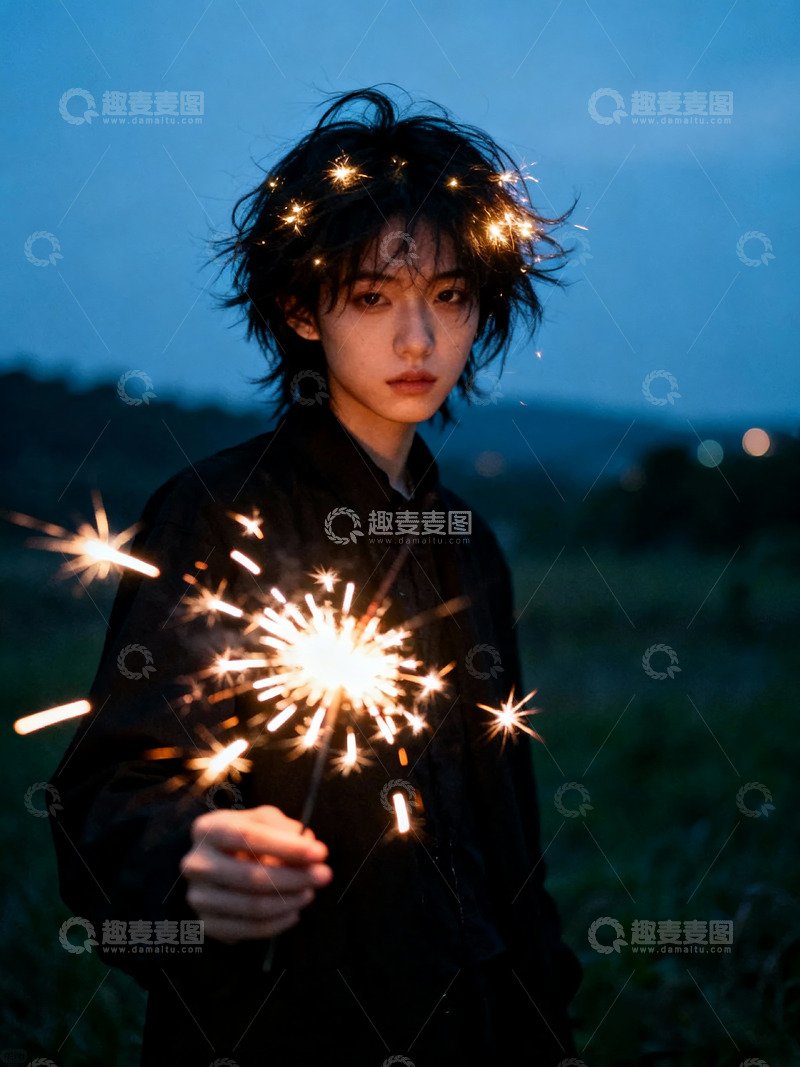 高清大图下载【趣麦麦图】帅酷女孩仙女棒烟火3