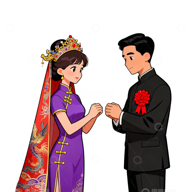 高清大图下载【趣麦麦图】中式婚礼卡通人物插画