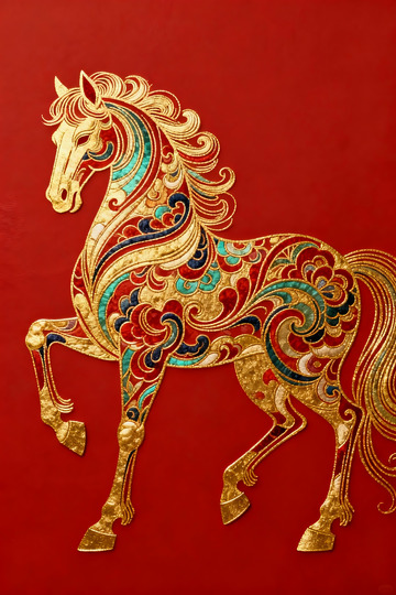 金彩浮雕马纹装饰图案